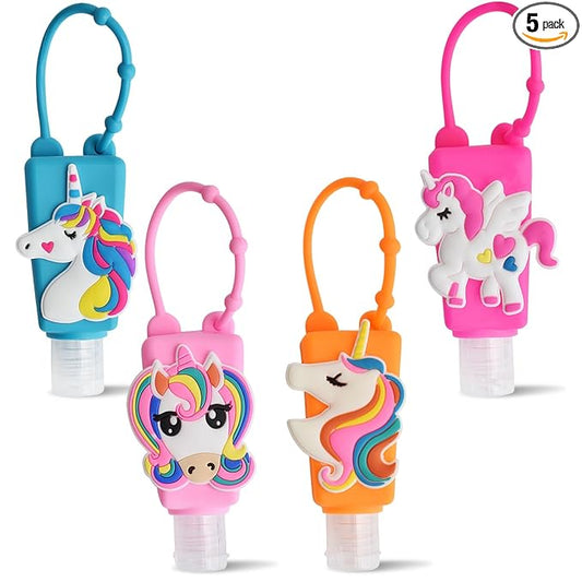 Refillable Travel Bottles Containers, 4 Pack Hand Sanitizer Travel Size Holder with Empty Silicone Bottles Case Keychain Carrier, Leak Proof Portable Bottle for Liquid Soap, Lotion (Unicorn)