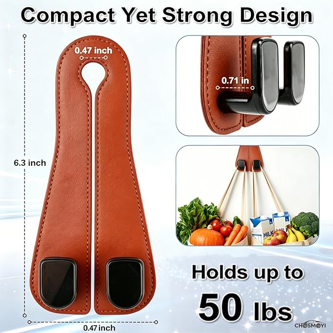 CHOSMOYI 2 Packs Car Seat Hooks, Leather Car Headrest Hook, Car Purse Hook Seat Back Hanger Storage Organizer, Car Hook for Purses and Bags(Coral Orange)