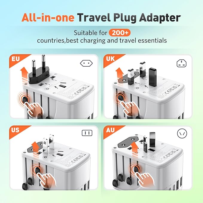 Universal Travel Adapter International Plug - European Travel Plug Adapter Worldwide US AUS EU UK Spain Germany Ireland Italy - All-in-one Travel Outlet Power Adapter with 3 USB C 2 USB A