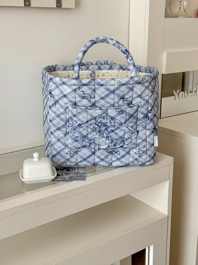 Floral Fabric Storage Basket Car Interior Storage Basket Underwear Sundries Laundry Baskets Supplies Home Organizer Bag (blue bow)