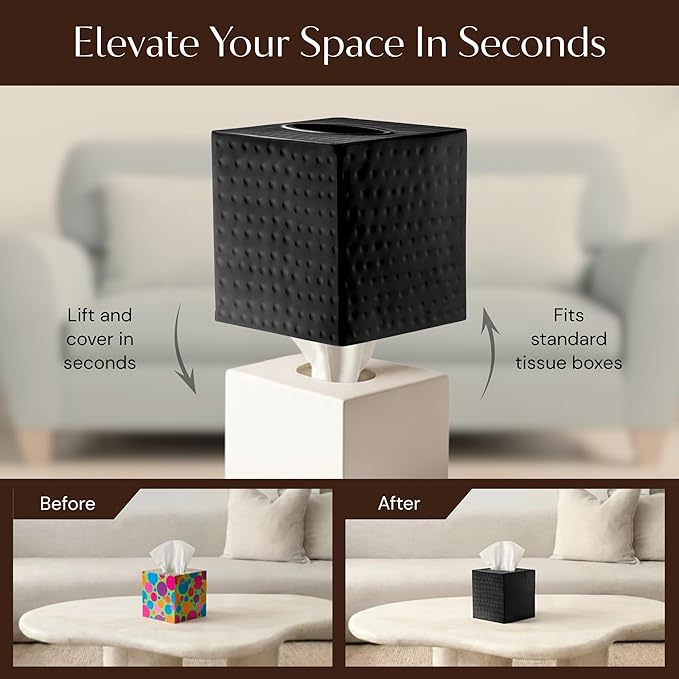 Monarch Abode Tissue Box Cover Square – Hand Hammered Black Metal Tissue Holder Box for Bathroom Accessory, Aesthetic Decorative Facial Napkin Cube for Modern Home Decor