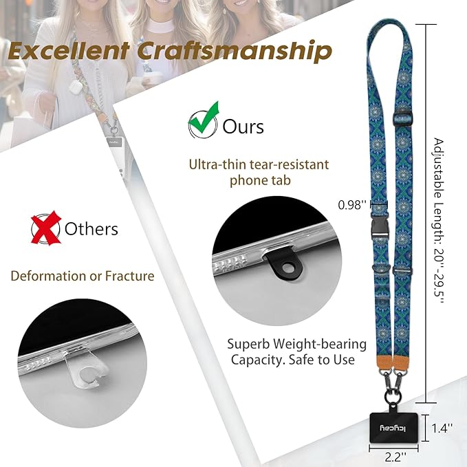 Icycay Phone Lanyard Crossbody, Boho Blue Cell Phone Strap for Around The Neck Adjustable, Bohemian Anti Theft Cute Lanyard for ID Holder Keys Accessories Travel Essential