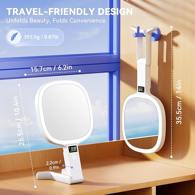 Auxmir 30X/1X Travel Makeup Mirror with Lights, Rechargeable Lighted Magnifying Mirror with LED Display, 3 Color Dimmable Vanity Mirror, Foldable Portable Mirror for Tabletop/Handheld/Hanging, White