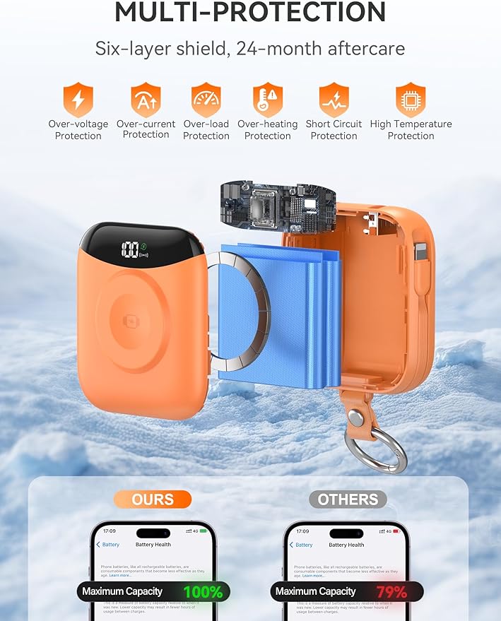 citicr Portable Charger, 10000mAh 22.5W Fast Charging Power Bank with Built-in Cables, Travel Battery Pack with LED Display for iPhone, Portable iWatch Charger for 11/10/9/8/7/6/5/SE/Ultra Orange