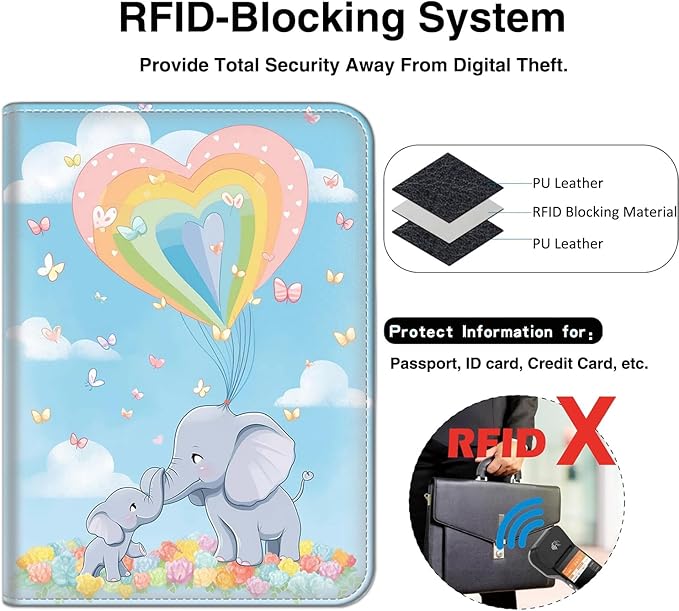 Passport Wallet, Passport Holder with RFID Blocking and Luggage Tag, Waterproof PU Leather Travel Documents Organizer Case, Passport Covers with Card Slot for Women & Men, Cute Cartoon Elephant