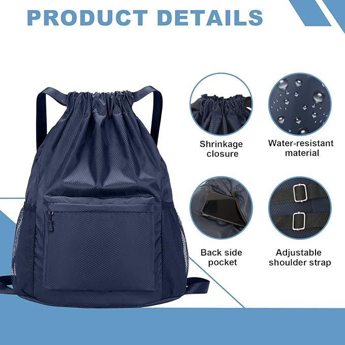 Tygelluis Drawstring Backpack, Waterproof Gym Bag with Water Bottle Pocket for Women Men, Pull String Sport Bag for Swim, Soccer and Basketball,Navy