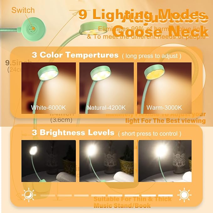 KTEBO Rechargeable Clip-On Book Light, 10-LED Bed Reading Lamp with 3 Color & 3 Brightness, USB-C, Up to 30-Hour Runtime, 360 Degree Gooseneck, Ultralight 1.4oz, Great Stocking Stuffers, Black & Green