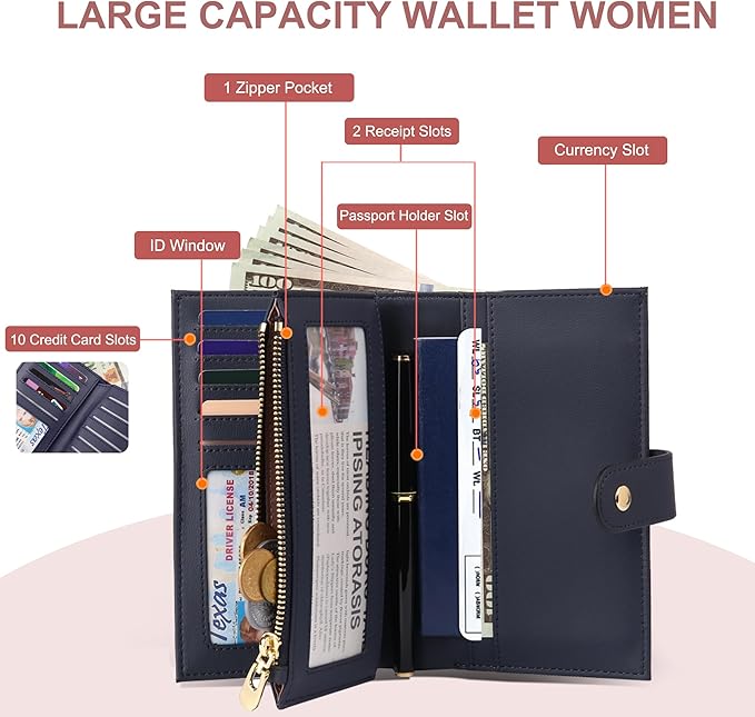 yiijay Wallet for Women RFID Blocking Leather Trifold Clutch Wallet Credit Card Holder Ladies Travel Wallet Purse with Pen Holder
