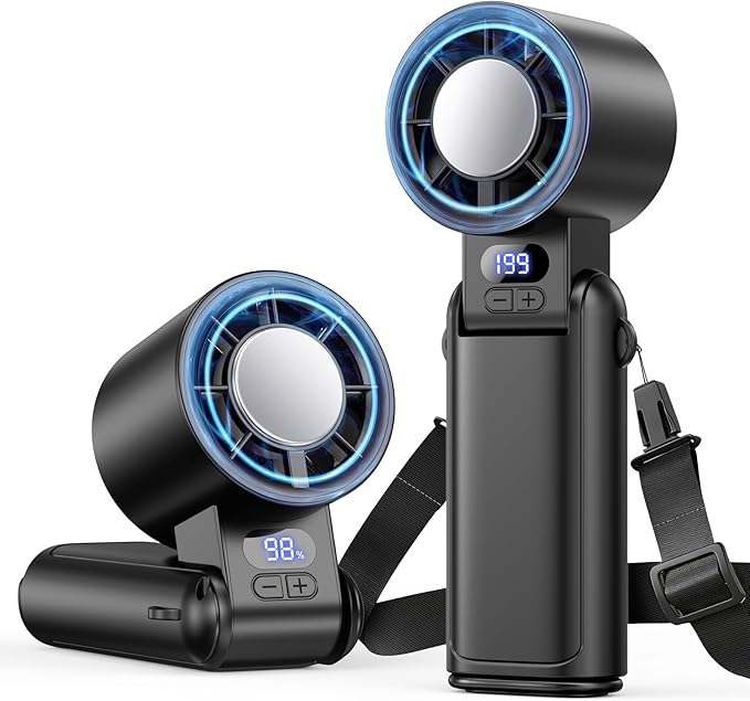 Portable Handheld Turbo Fan, 1-199 Speed Adjustable with LED Display, High-Power Motor, Rechargeable Battery, 4 IN 1 Pocket Design Mini Fans for Indoor/Outdoor/Travel/Work, Black