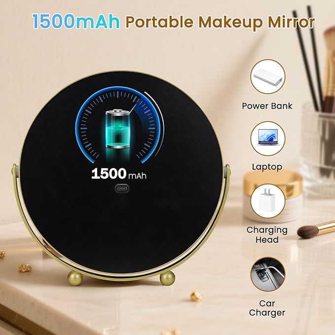 Vanity Mirror with Lights, 8" LED Makeup Mirror Built-in 1500mAH Lithium Battery, HD Professional Mirror, Smart Touch with 3-Color Lighting, Dimmable, Lighted Up for Makeup Desk, Travel (Gold)