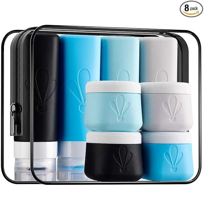 INSFIT travel bottles for toiletries 8 Pack, Leak proof Travel Size Toiletries Containers with toiletry bag, Squeezable Silicone Bottles & Cream Jars, Travel Essentials BPA-Free kit for Shampoo