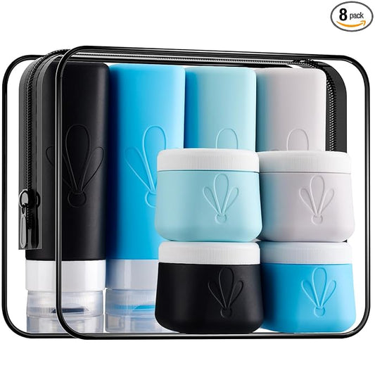 INSFIT travel bottles for toiletries 8 Pack, Leak proof Travel Size Toiletries Containers with toiletry bag, Squeezable Silicone Bottles & Cream Jars, Travel Essentials BPA-Free kit for Shampoo