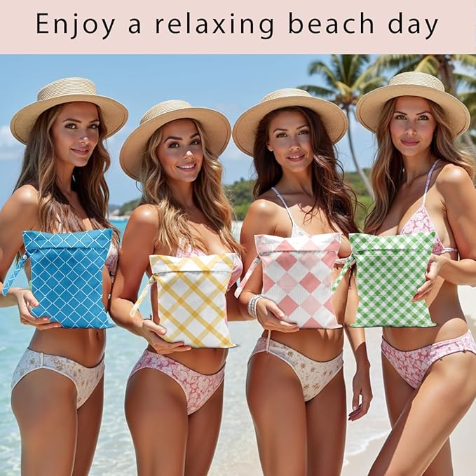 Wet Bag, 4Pcs Wet Dry Bag Set, Reusable Waterproof Bags with Mixed Diamond Lattice & Plaid Prints for Women, Versatile for Beach, Pool & Daily Use