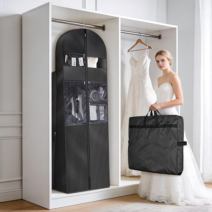 KEEGH 72" Wedding Dress Garment Bag - Tri-Fold Design Bridal Dress Bag with Shoulder Strap & Handle, Heavy-Duty Checkered Oxford Fabric for Long Wedding Gowns & Formal Gown Storage, Black