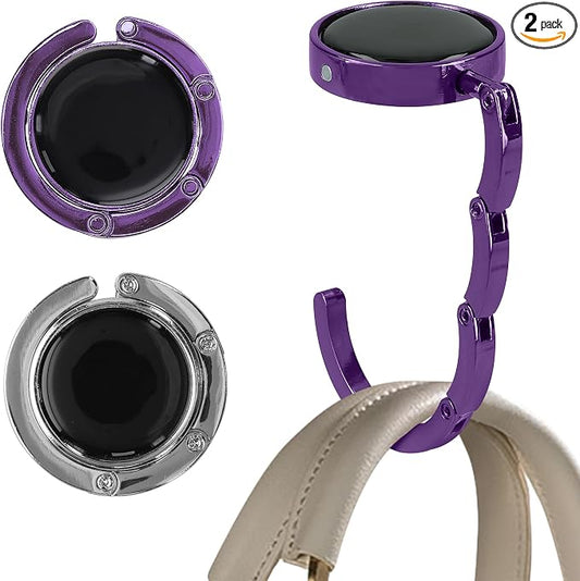 kwmobile Purse Hook for Table - Set of 2 Purse Holder - Folding Handbag Hanger - Portable Bag Holder - Bag Hooks for Desk - Table Hook Silver/Magenta Purple