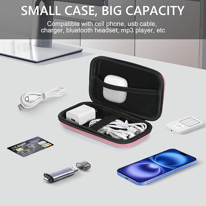 Cell Phone Carrying Case - Portable Hard EVA Charger Case - High Protection Small Zipper Travel Pouch Storage Bag Electronic Organizer for Battery, GPS, Hard Drive, Charging Cable, Cord - Pink