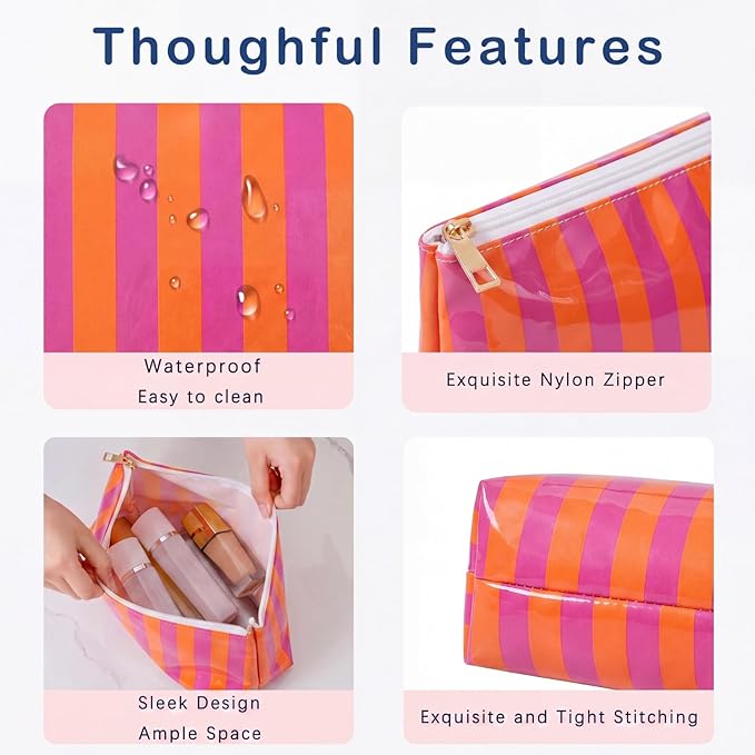 Large PVC Waterproof Striped Makeup Bag,Clear Coated Cosmetic Bags,Easy to Clean,Travel Organizer Zipper Pouch Beach Vacation Essentials for Women Girls(11Orange Purple)