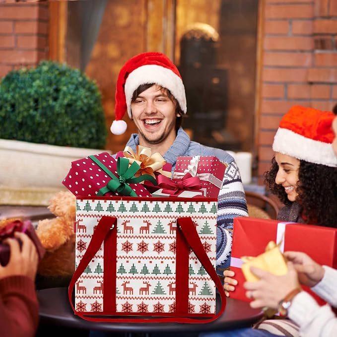 Reusable Grocery Bags 3 Pack - Heavy Duty Reusable Shopping Bags with Hard Bottom & Long Handles, Stand Up Grocery Boxes Reusable Foldable, 13x10.23x11in, Reindeers