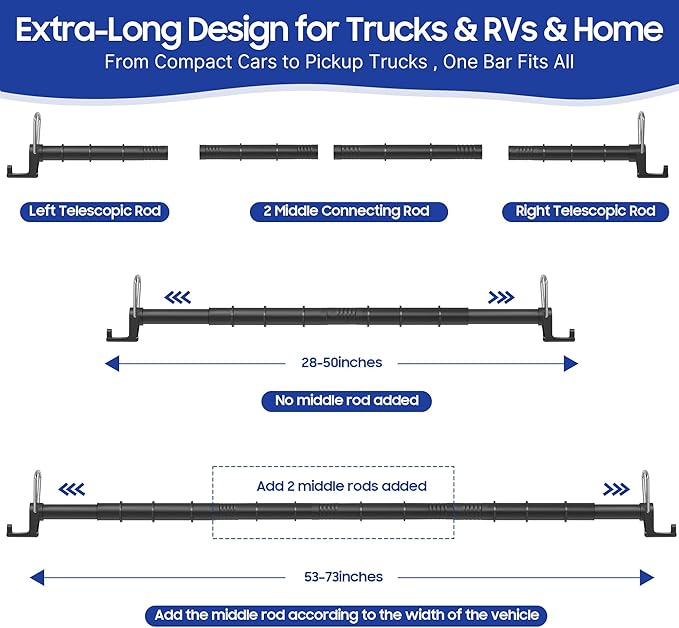 Extra Long Heavy-Duty Car Clothes Hanger Bar, Telescopic Clothes Rack for Car Travel (28"-73") Fits Large Vehicles, SUVs, Trucks, Holds 60 Clothes with 2 Hook and Loop Straps（Hold Up to 70lbs）