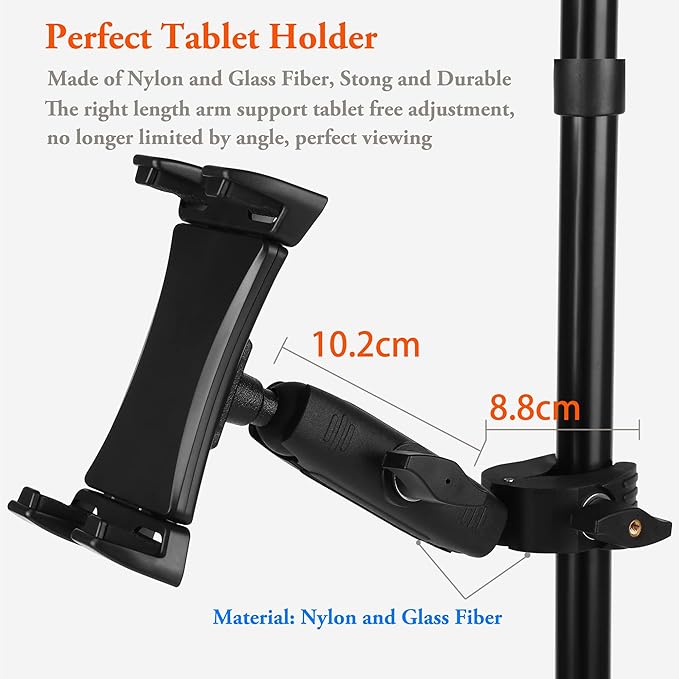 Ipad Holder for Mic Stand, Tablet Phone Holder Micophone Music Stand Mount Adjustable Rotatabe with Super Handle Clamp for iPad Pro 12.9 Air Mini, Android, 4 to 13.5inch iPhones and Tablets