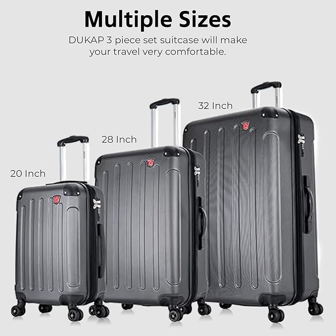 DUKAP INTELY Hardside Luggage Set with Spinner Wheel | Spacious Travel Suitcases with TSA Lock and Ergonomic GEL Handle | 3 Piece Set (20"/28"/32") | Black