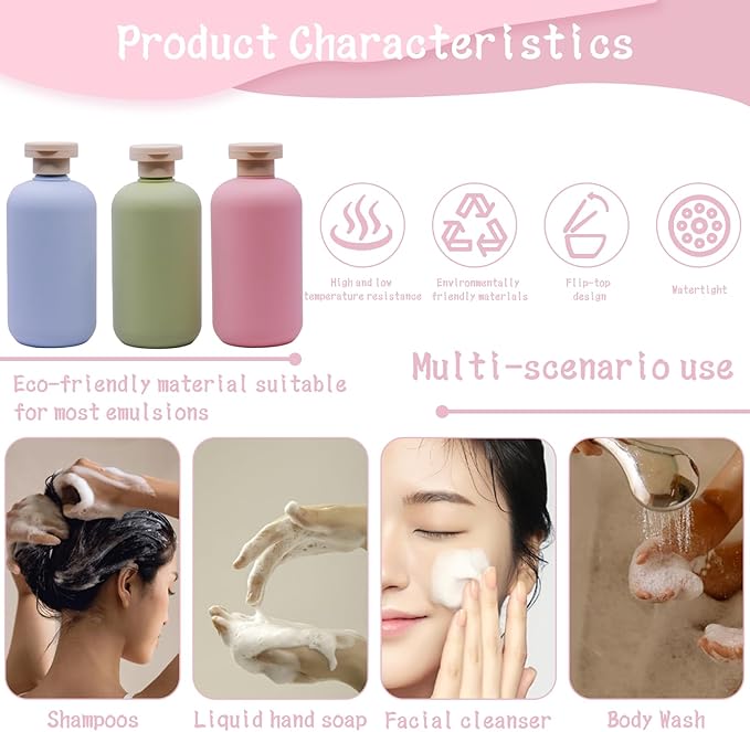 6 Pack Leakproof Travel Bottles 10 oz | Squeeze Shampoo & Lotion Containers with Locking Flip Caps | Food Grade HDPE/PP for Toiletries, Gym, Camping (Green+Blue+Pink)