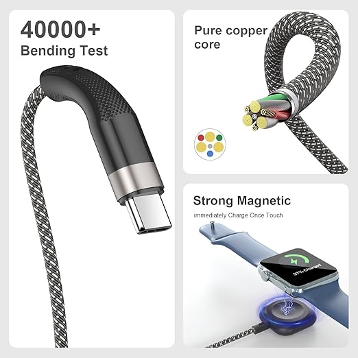 Portable Multi Fast Charging Cable for Apple Watch Charger/iPhone Charger,Travel Essential 3 in 2 USB A/Type C/Lightning USB C Cord Compatible with iWatch Ultra/SE/11-1/iPhone 17-11/4FT