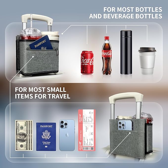 Travel Luggage Cup Holder, Liveagain Drink Caddy, Luggage Cup Holder Attachment, Free Hand Suitcase Drink Carrier for Drinks Beverages, Coffee, Bottles, Snack (Gray)