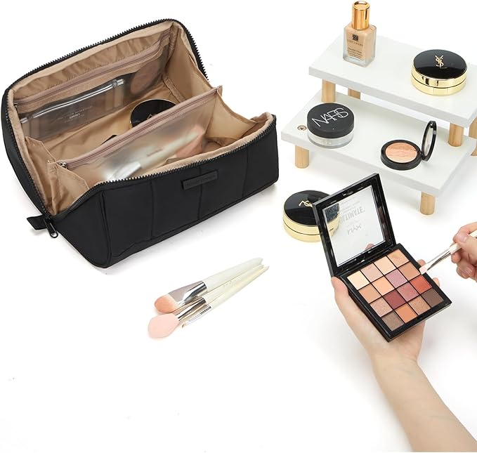 NISHEL Travel Makeup Bag for Women, Fluffy & Lightweight Open Flat Cosmetic Organizer with Multiple Functional Divider for Brush Independent Storage, Handle for Easy Portability, Large, Black