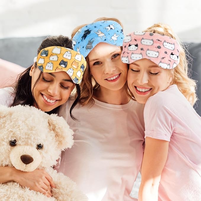 Cuffbow 6 Pack Plush Sleep Mask Set, Cute Plush Eye Masks for Sleeping, Soft Comfortable Travel Nap Blindfold, Sleepover Party Favors for Women(Cat,Colorful)