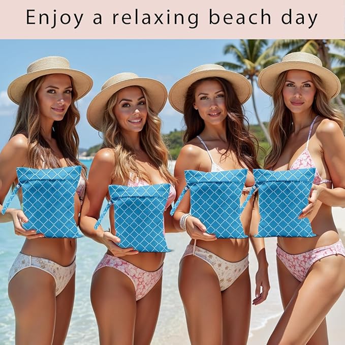 Wet Bag, 4Pcs Wet Dry Bag Set, Reusable Waterproof Bags with Blue Diamond Lattice for Women, Ideal for Beach Vacations, Pool Days, Travel & Daily Essentials Storage
