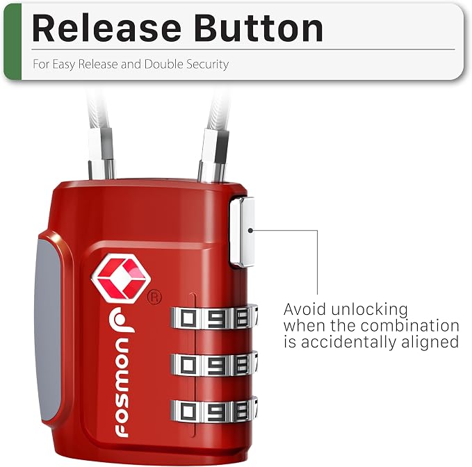 Fosmon TSA Accepted Cable Luggage Locks, (2 Pack) Re-settable Easy to Read 3 Digit Combination with Alloy Body and Release Button for Travel Bag, Suit Case & Luggage - Red