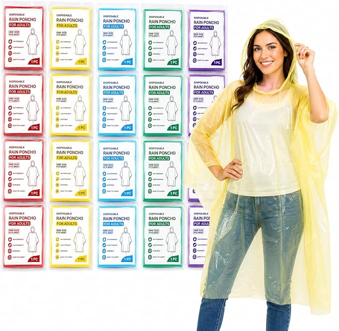 Juvale Rain Ponchos for Adults - One Size (50 x 39.4 In) Hooded Plastic - 5 Vibrant Colors - 20-Pack Disposable Ponchos Family Pack for Camping, Hiking & Travel