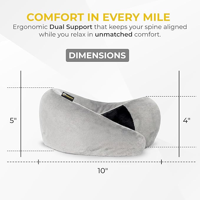 Travel Neck Pillow – Airplane Travel Essentials with Ergonomic Memory Foam Comfort – Premium Travel Pillows for Airplanes and Long Journeys, Compact Carry Pouch (Grey)