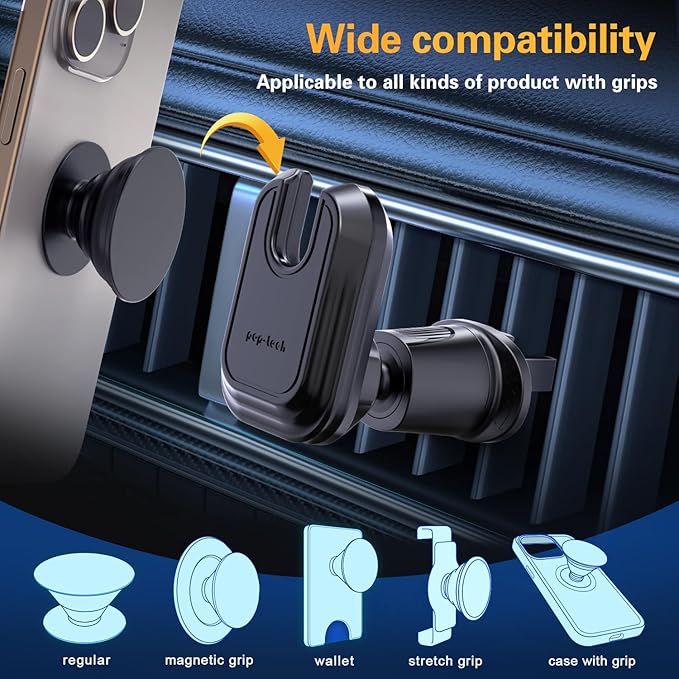 pop-tech Car Vent Phone Mount for Thick Socket Grip, Air Vent Clip Phone Holder Compatible with Magsafe Wallet Black & iPhone Samsung Card Holder, Cellphone Stand with Sticky Adhesive