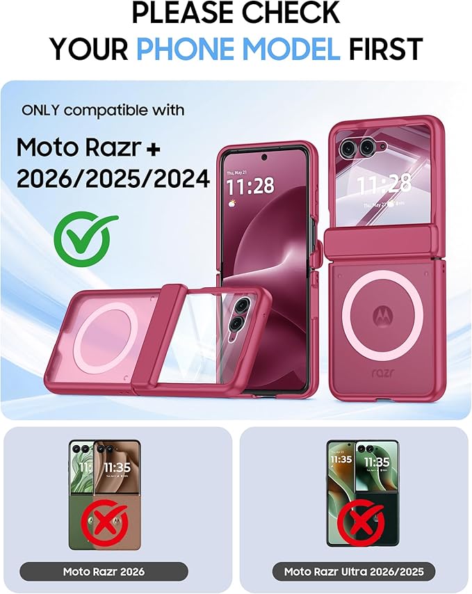 Magnetic for Motorola Razr+ Plus 2026,Razr+ 2025/2024 Case,Hinge Protection, Screen Protector, Compatible with MagSafe, Translucent Frosted, Shockproof Cover for Razr+ 2026/2025/2024-Rose Red