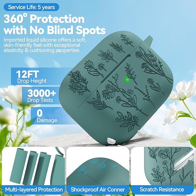 for AirPods Pro 2 Case with 3-in-1 Cleaning Kit & Keychain, Ekoonpft Flower Engraved Silicone AirPod Pro Cases Cover for Apple AirPods Pro 2nd/1st Generation(2023/2022/2019), Shockproof & Anti-Scratch