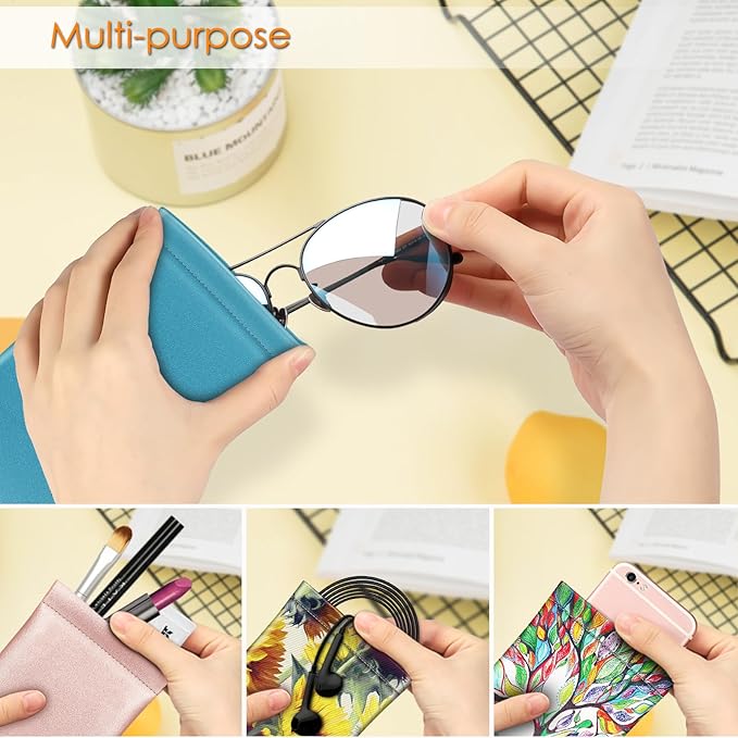 FINTIE Soft Eyeglasses Case with Cleaning Cloth, Portable Squeeze Top Vegan Leather Glasses Pouch, Sunglasses Eyewear Bag