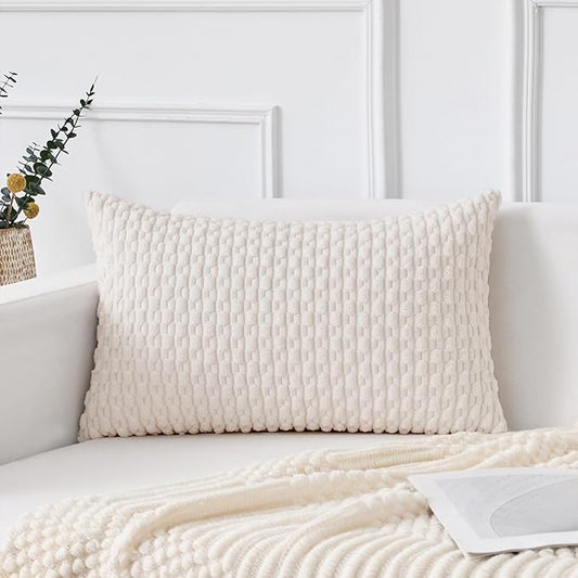 Kevin Textile 12x24 Inch Pillow Cover 1 Pack Boho Christmas Decorative Soft Striped Corduroy Lumbar Farmhouse Color Accent Rectangle Cushion Case for Living Room Couch Sofa Bed, Pure White