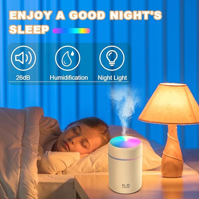Portable Small Humidifier, 300ml Mini Cool Mist Humidifier, USB Personal Desktop Humidifiers for Baby Bedroom Travel Office Home, Auto Shut-Off, 2 Mist Modes, White
