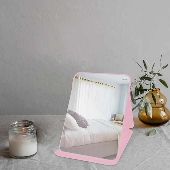 Makeup Mirror, 7x10 Inches Portable PU Leather Mirror, Folding Desktop Vanity Mirror with Adjustable Stand for Vanity Table, Office, Travel (L, Pink)