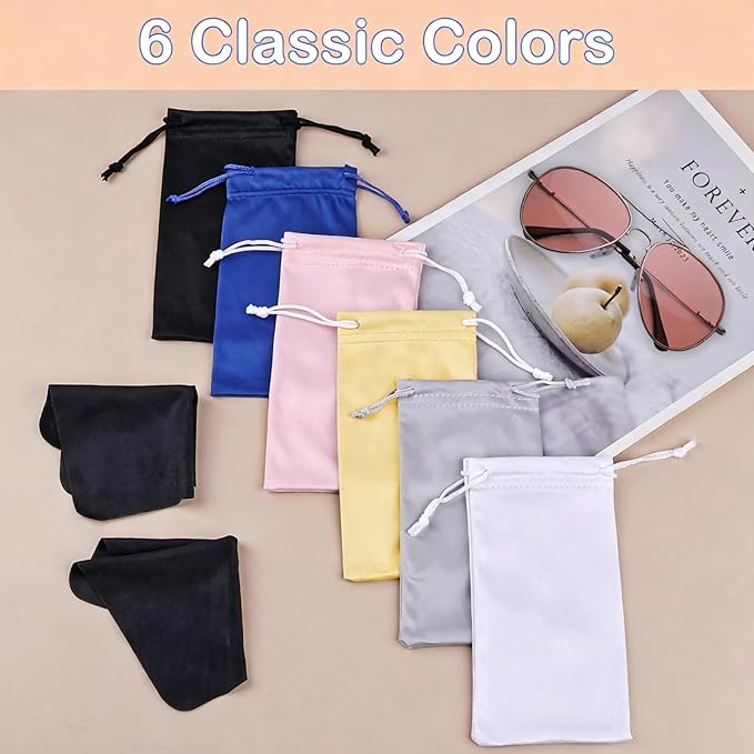 Hoiny 6 Pcs Microfiber Glasses Sunglasses Pouch with 2 Cleaning Cloths, Soft Drawstring Storage Bag for Phone, Eyeglass Case