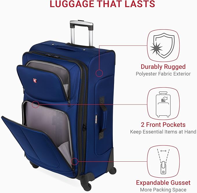 SWISSGEAR Sion Softside Expandable Spinner Luggage Durable Lightweight Travel Suitcase, Blue, Checked-Large