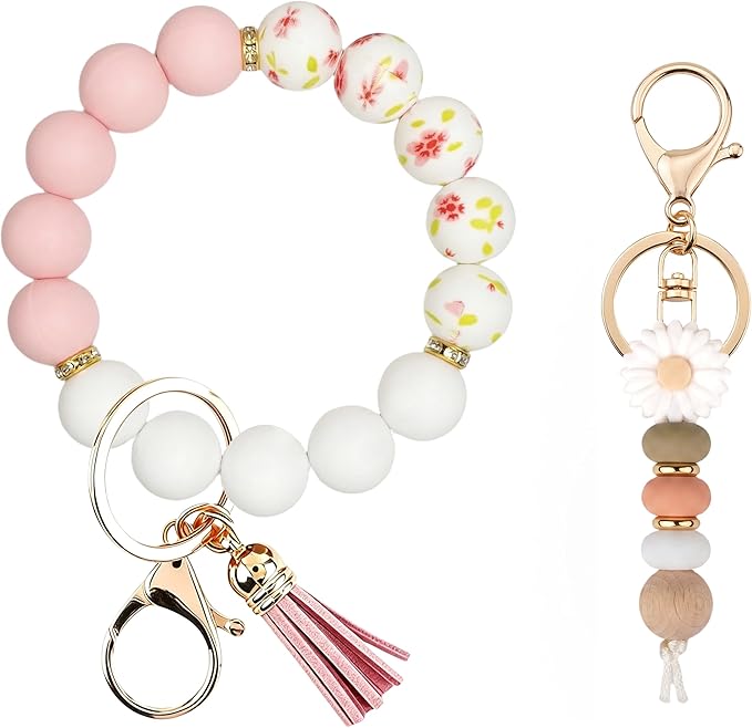 2PCS Bracelet Key Ring Set, Cute Car Key chain Wristlet, Silicone Beaded Bangle keyChains for Women Girls