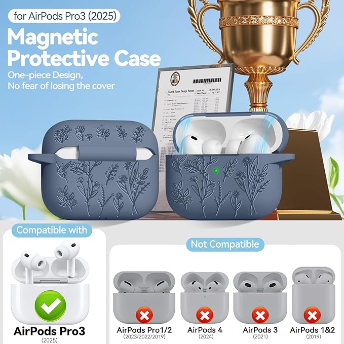 for Airpods Pro 3 Case with Magnetic Lid, Flower Engraved Cases for Apple AirPods Pro 3rd Generation 2025, Soft Silicone Cover for Women Girly with Cleaner & Keychain, Shockproof