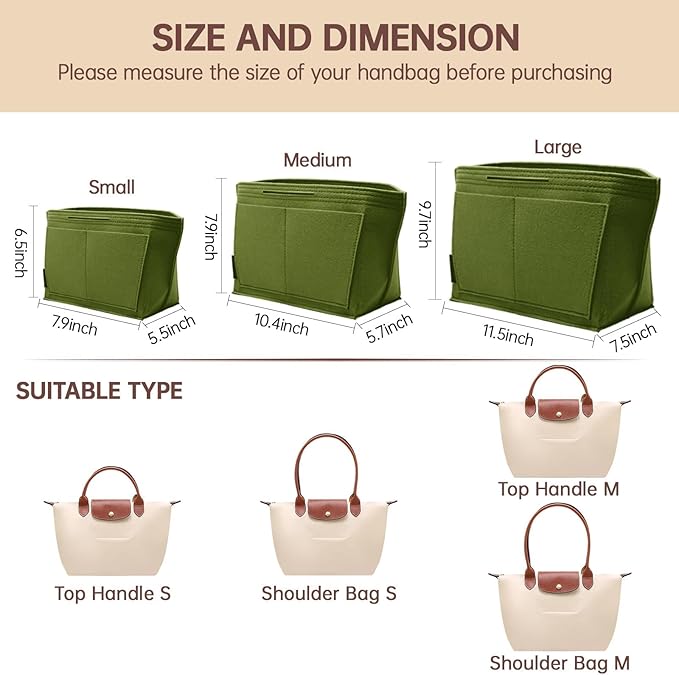 OPPOSHE Purse Organizer Insert for Longchamp Le Pliage, Premium Felt Long Champ Bag Handbag Women, Tote Organizer Insert with 9 Compartments (Large, Forest Green)