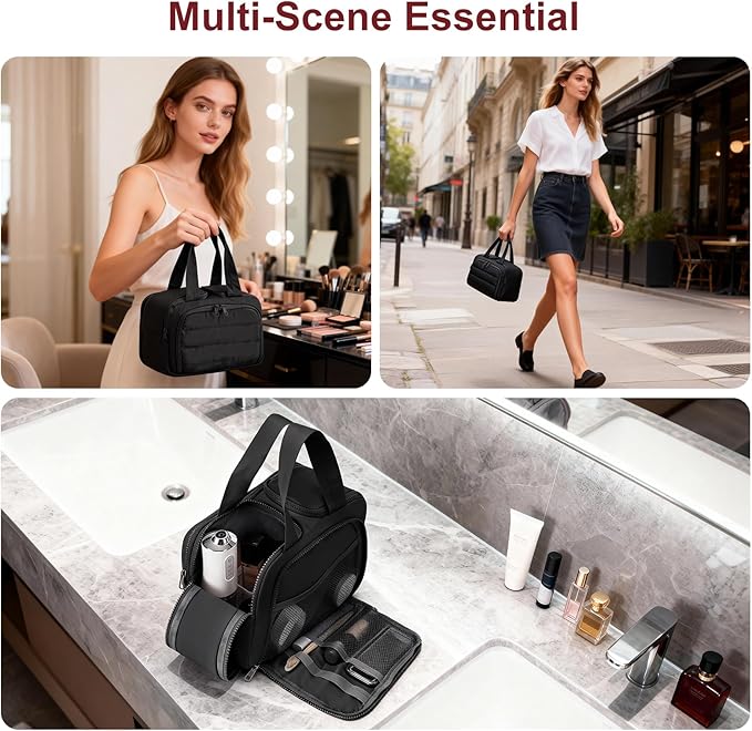 Travel Makeup Bag, Portable Travel Bag with Hanging Hook for Women, Waterproof and Hanging Toiletry Bags Travel Organizer Accessories for Travel Essentials,Black