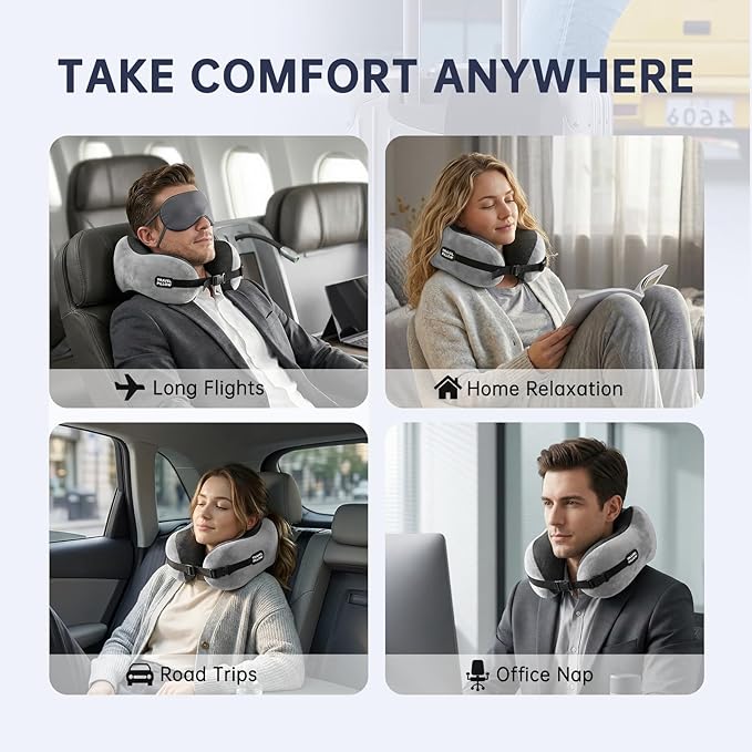 Neck Pillow Travel Pillow - 100% Pure Memory Foam Airplane Pillow with Adjustable Clasp & Removable Cover, Portable Travel Essentials for Long Flights, Car & Office (Light Gray, with Eye Mask)