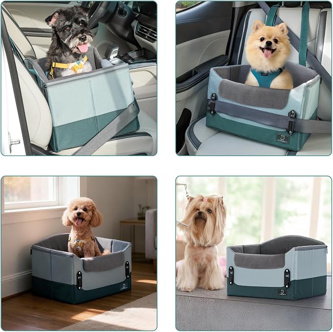 A 4 Pet Dog Car Seats for Small Dogs Under 25lbs – Safety Travel Booster Seat with Patent Buckles, Adjustable Leash – Reduces Anxiety & Road Trips – Frame Support for Cars, SUV, Pickup