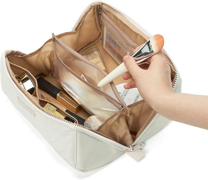 NISHEL Travel Makeup Bag for Women, Fluffy & Lightweight Open Flat Cosmetic Organizer with Multiple Functional Divider for Brush Independent Storage, Handle for Easy Portability, Beige